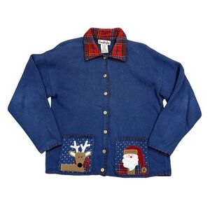 Timberlea Christmas Cardigan Sweater Reindeer Santa Plaid Collar Medium‎